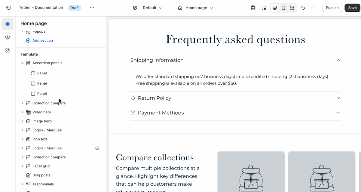 Accordion panel block settings being shown