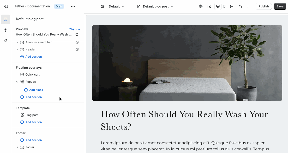 Blog post section settings in use