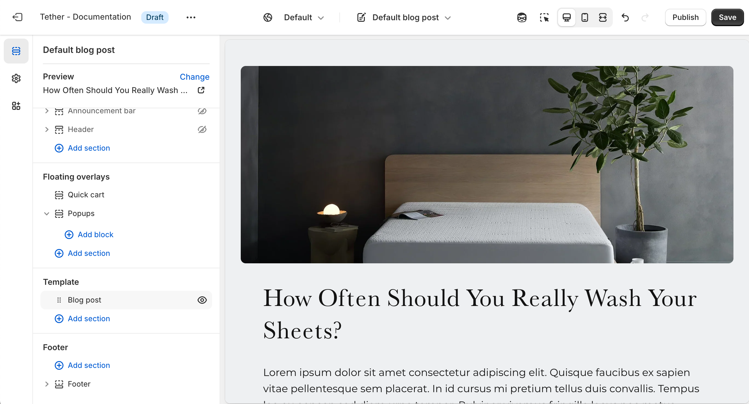 Blog post section shown in the Shopify editor