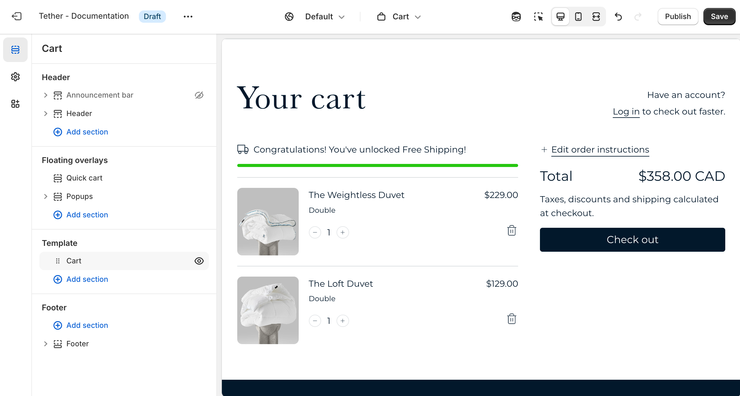 Cart section shown in the Shopify editor