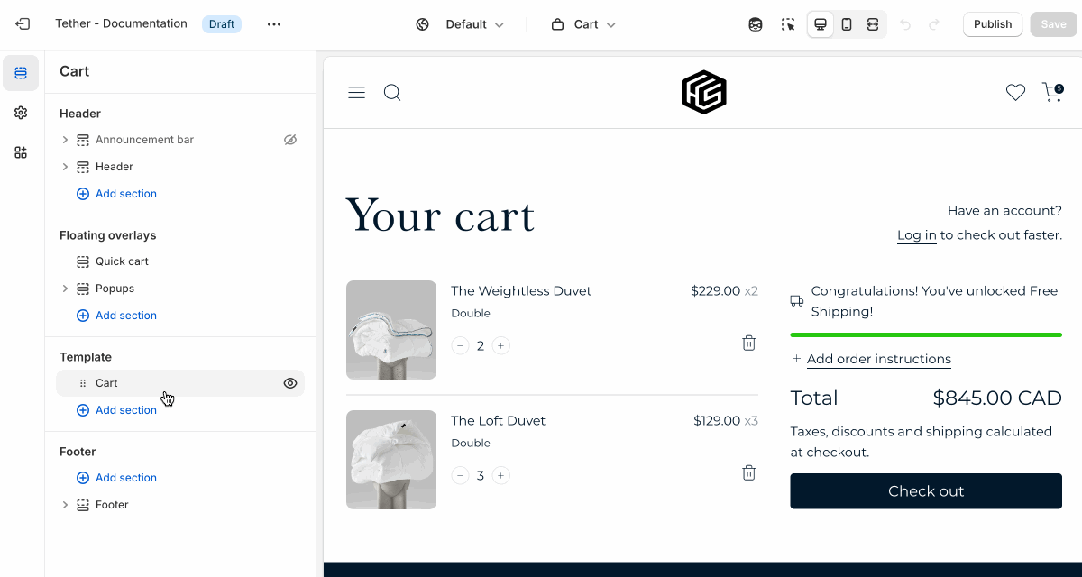 Cart section settings in use