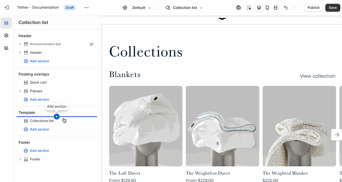 Collection list section settings in use