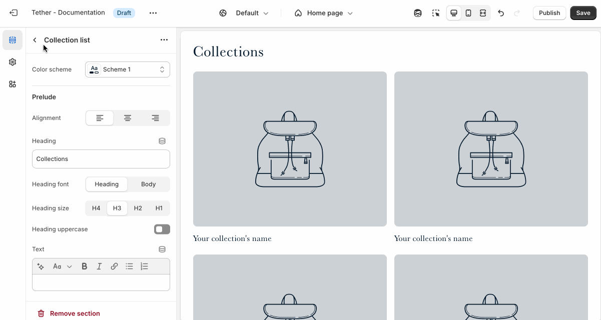 Collection list section settings being shown