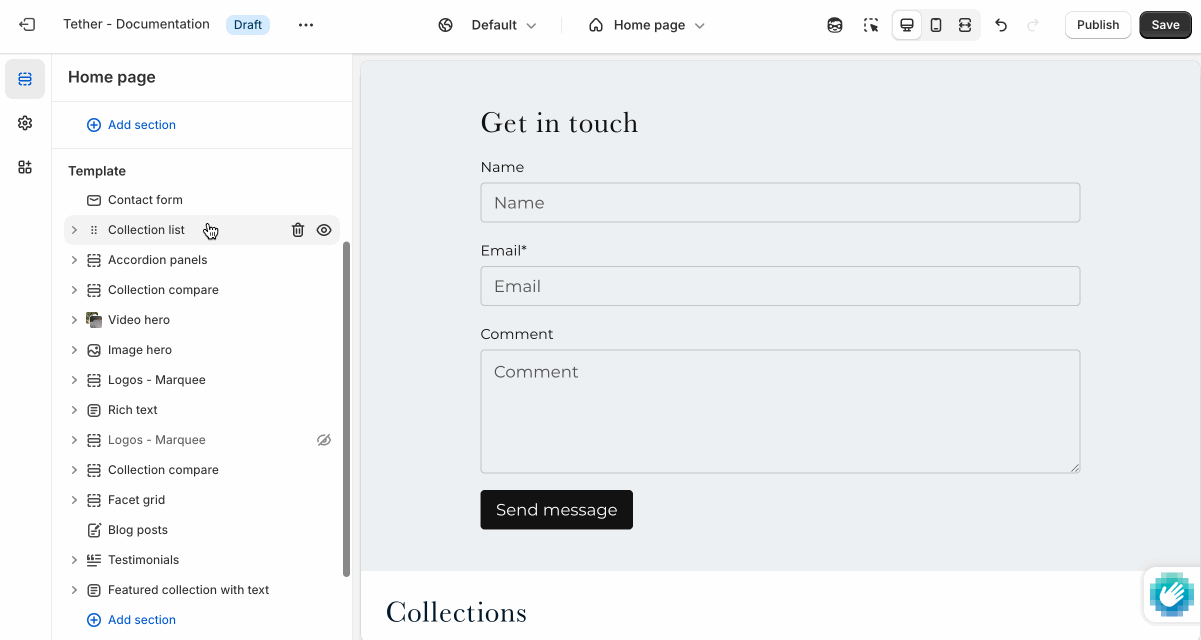 Contact form section settings being shown
