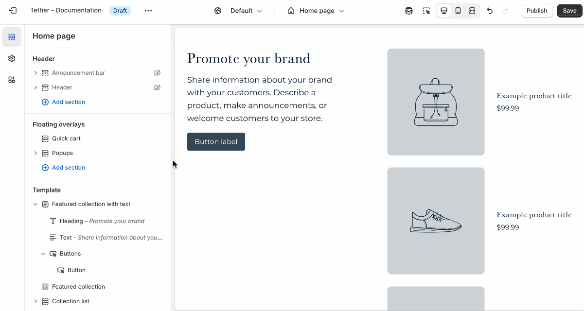 Featured collection with text section settings being shown