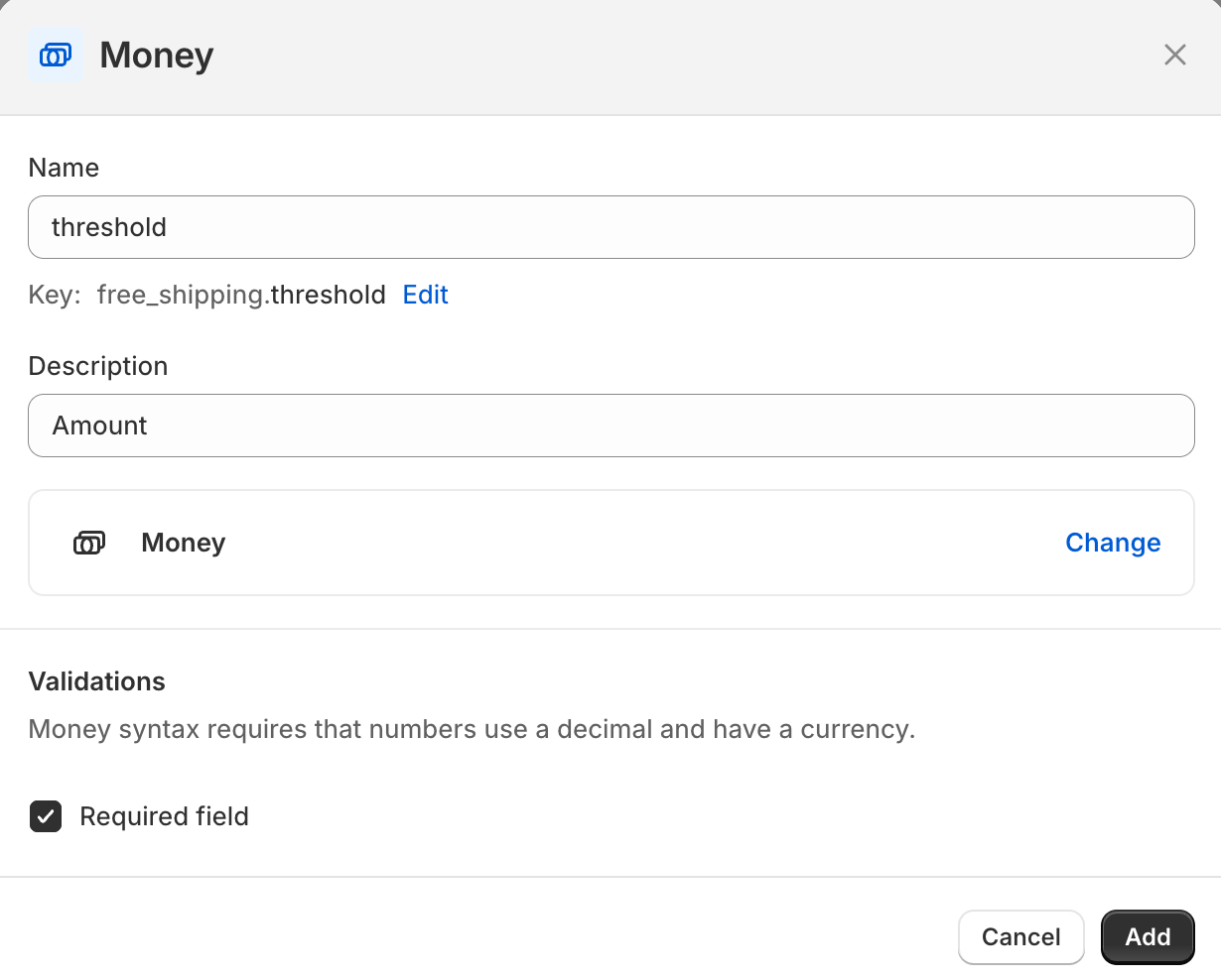 Name the money field to your new metaobject
