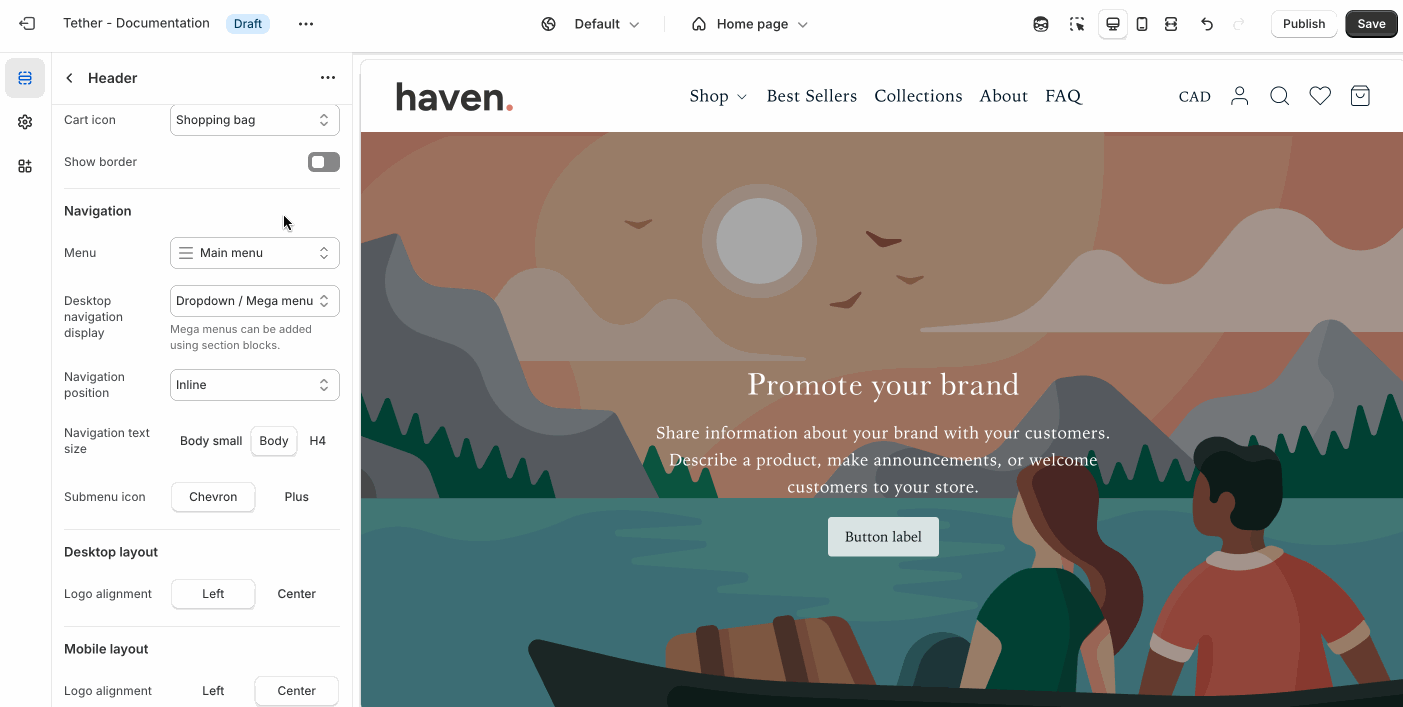Header navigation settings