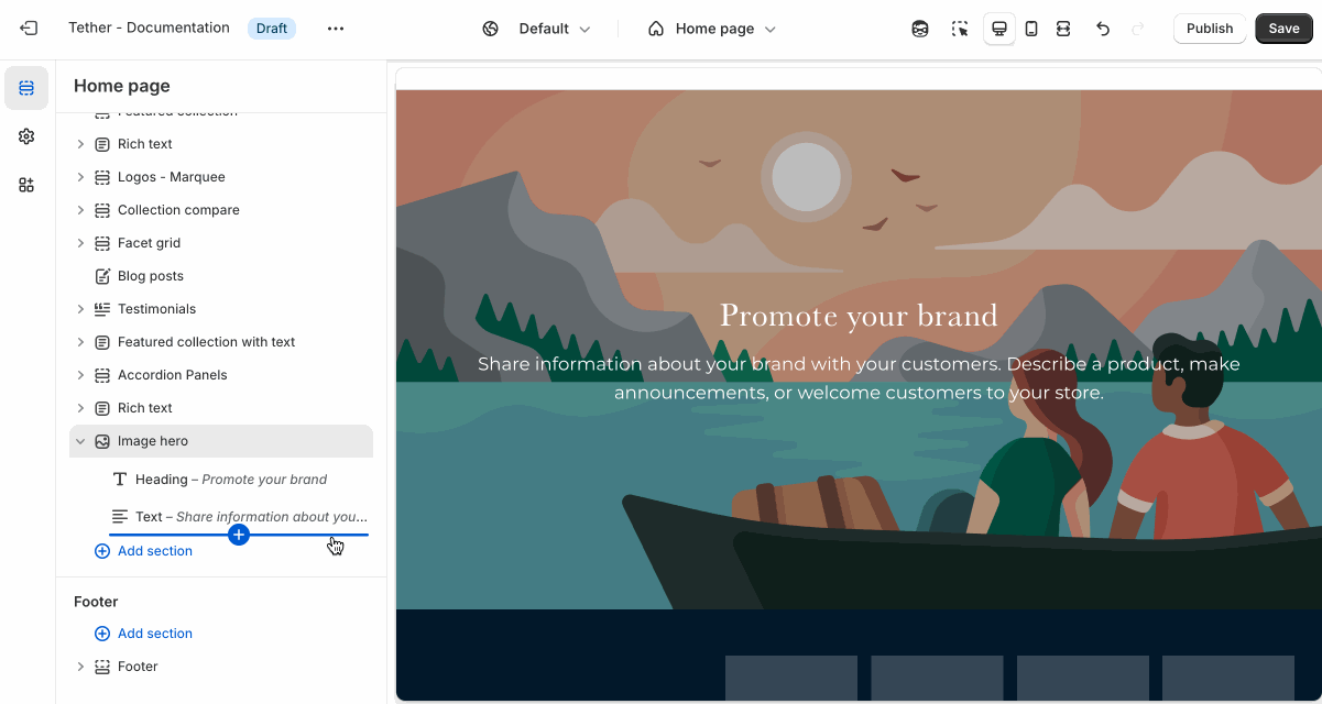 Add the Icon and text block using the theme editor