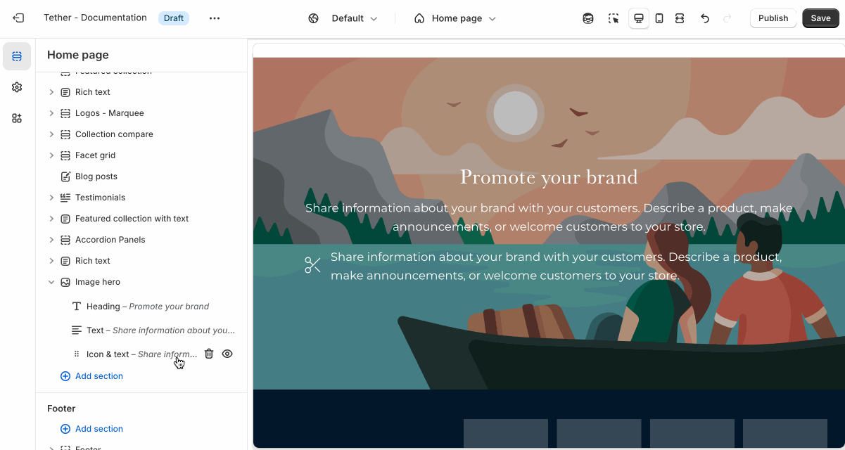 Add the Icon and text block using the theme editor
