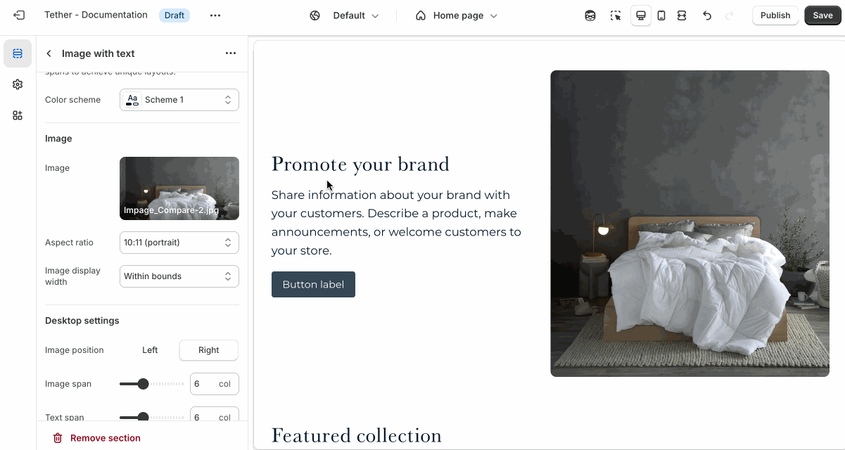 Image with text section desktop settings being shown