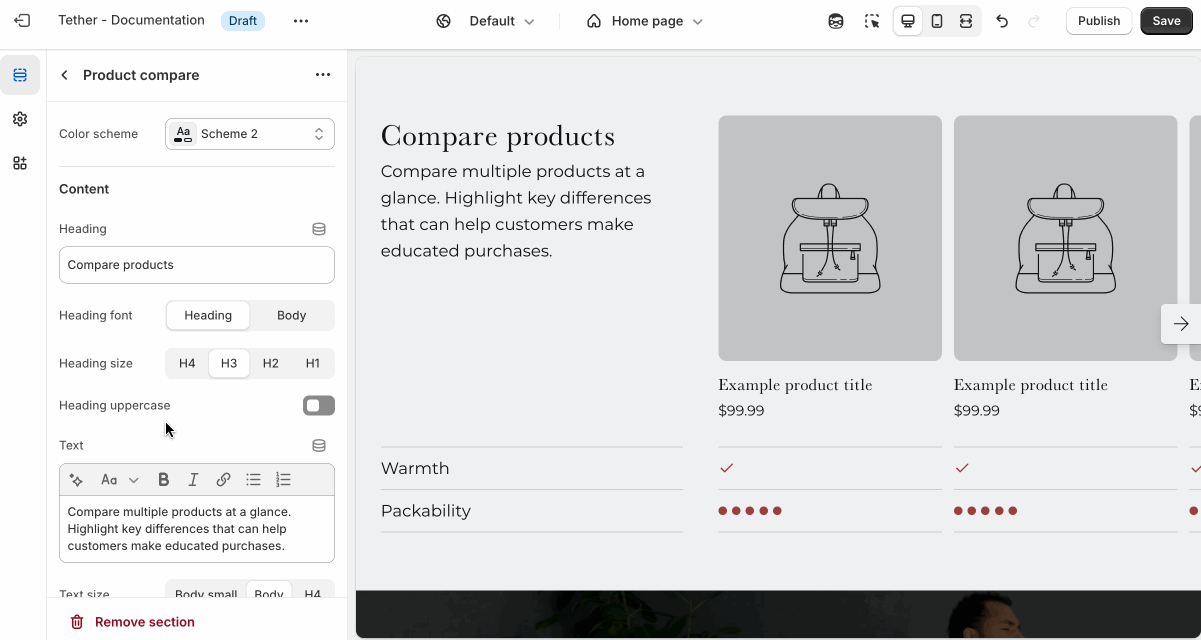 Product compare settings being used