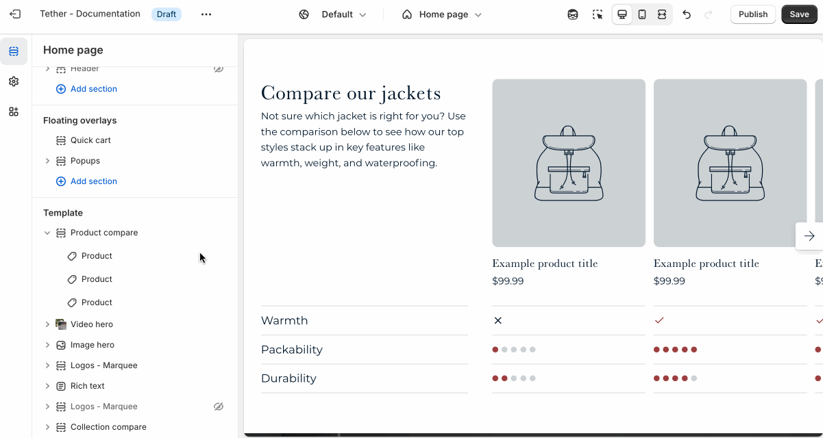 Using the comparison product block