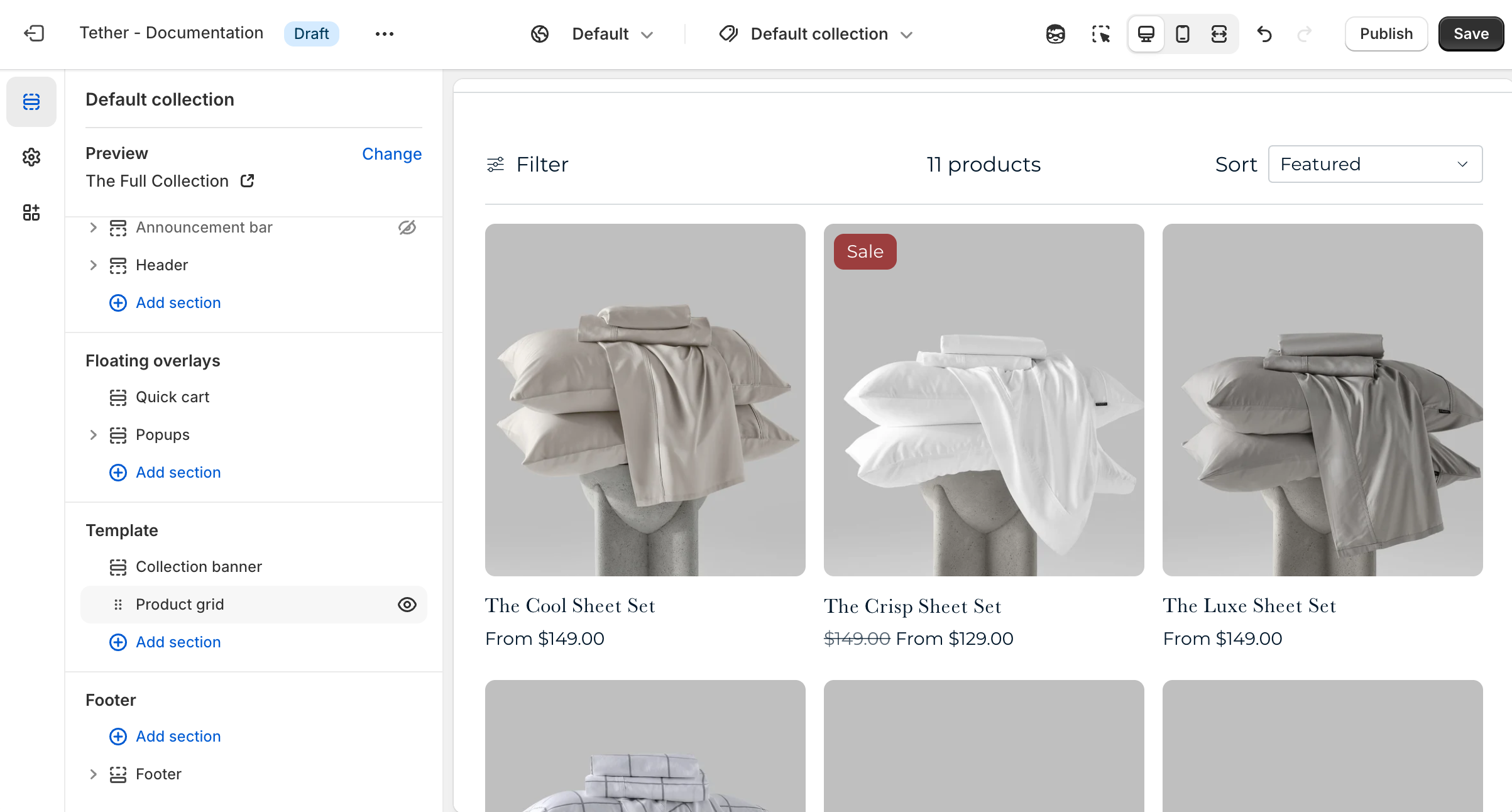 Product grid section shown in the Shopify editor