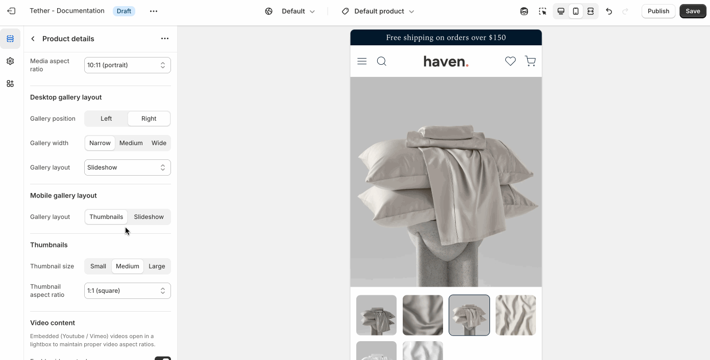 Product mobile gallery layout settings being used