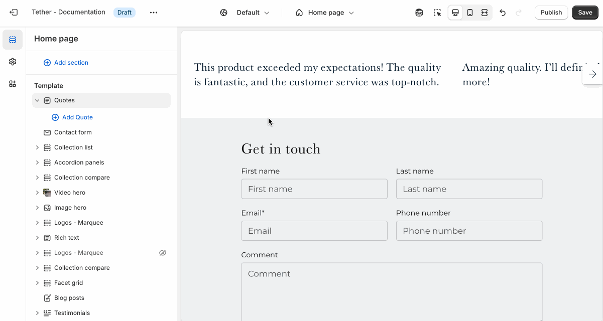 Quotes section settings being shown