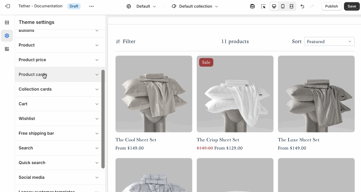 Product card settings in use