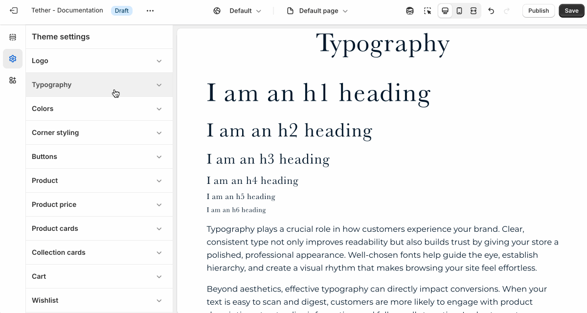 Showing the heading font settings