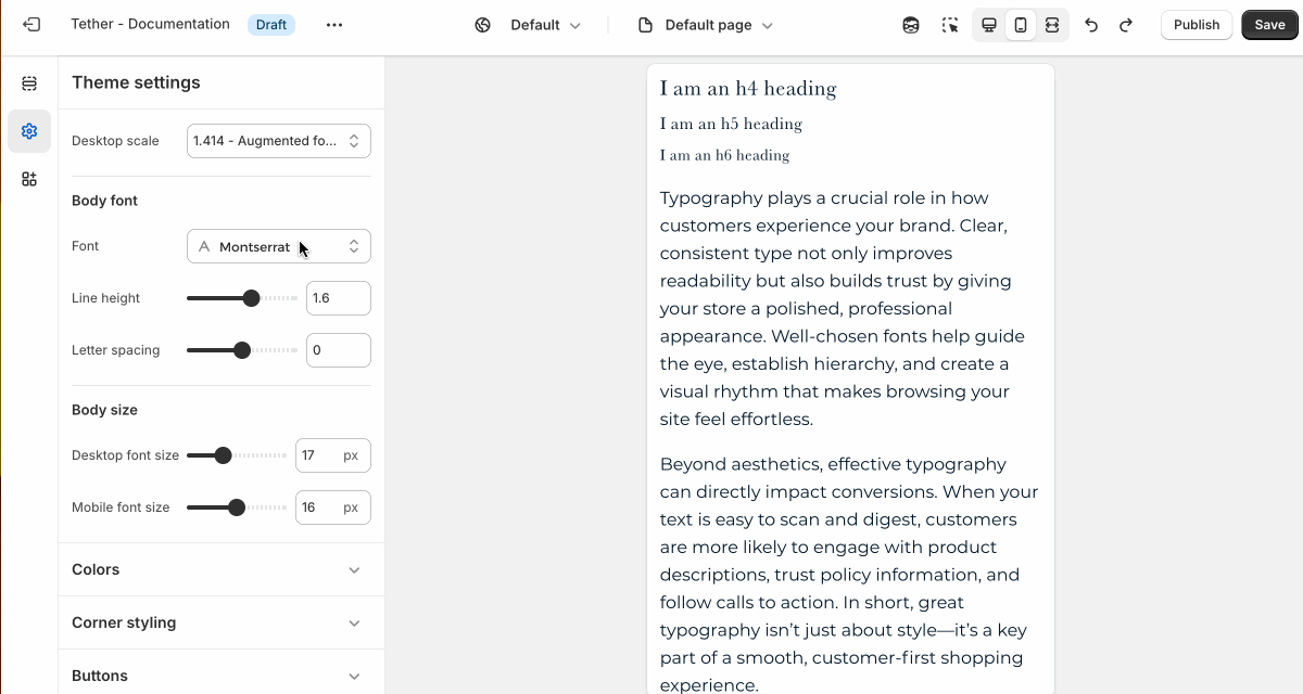 Showing the heading font settings
