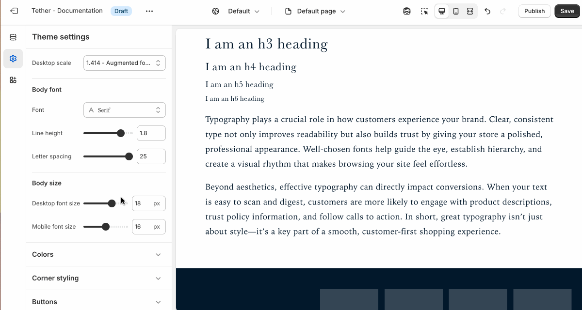Showing the heading font settings