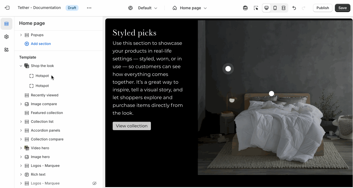 Shop the look hotspot settings in use