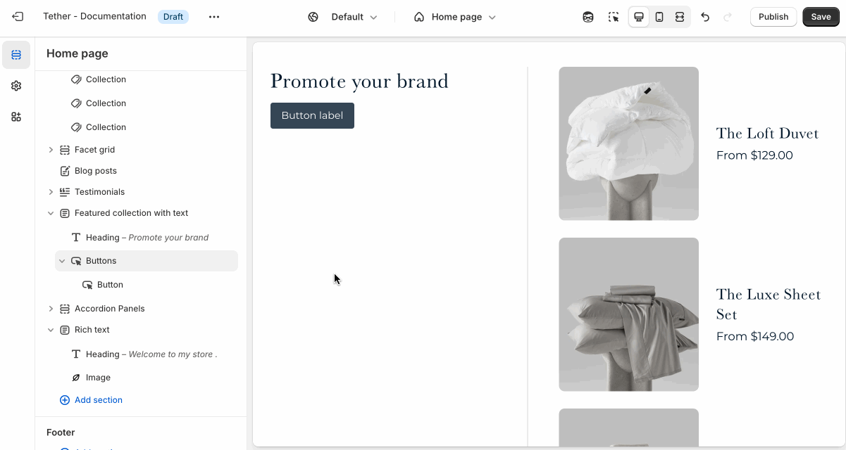 Add the Text block using the theme editor